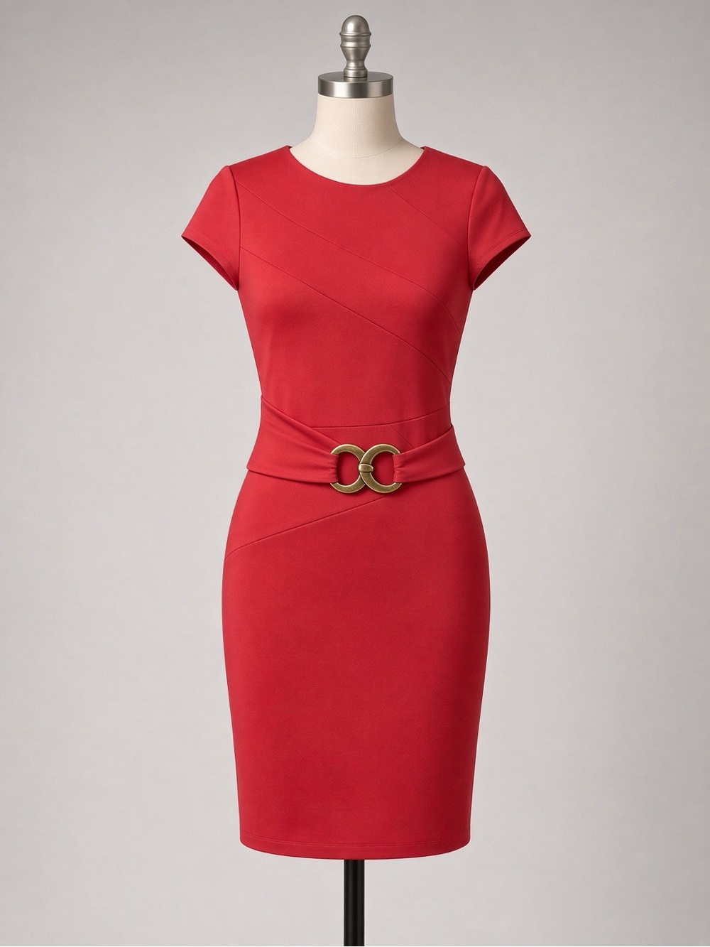 Classic Red Sheath Dress with Decorative Belt